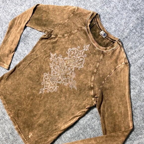 Vtg Y2K Mermaid Womens L Brown Waffle Knit Graphic Long Sleeve Top Stretch - Picture 2 of 8